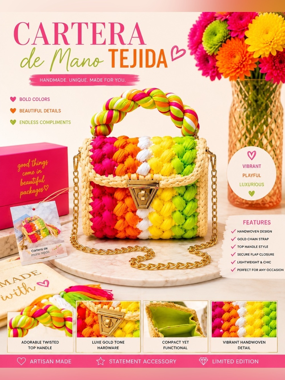 Cartera de Mano Tejida Colorful Crochet Handbag with Gold Chain